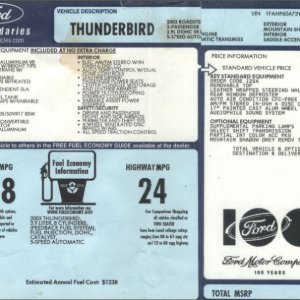 2003 Ford Thunderbird Window Sticker MSRP