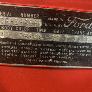 1957 Ford Thunderbird VIN plate
