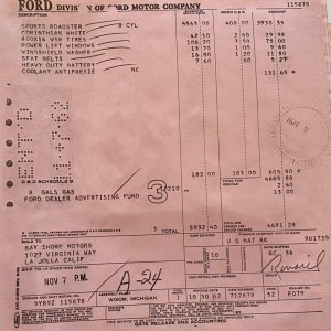 1963 Ford Thunderbird Sports Roadster Invoice