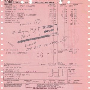1962 Ford Thunderbird Sports Roadster Invoice